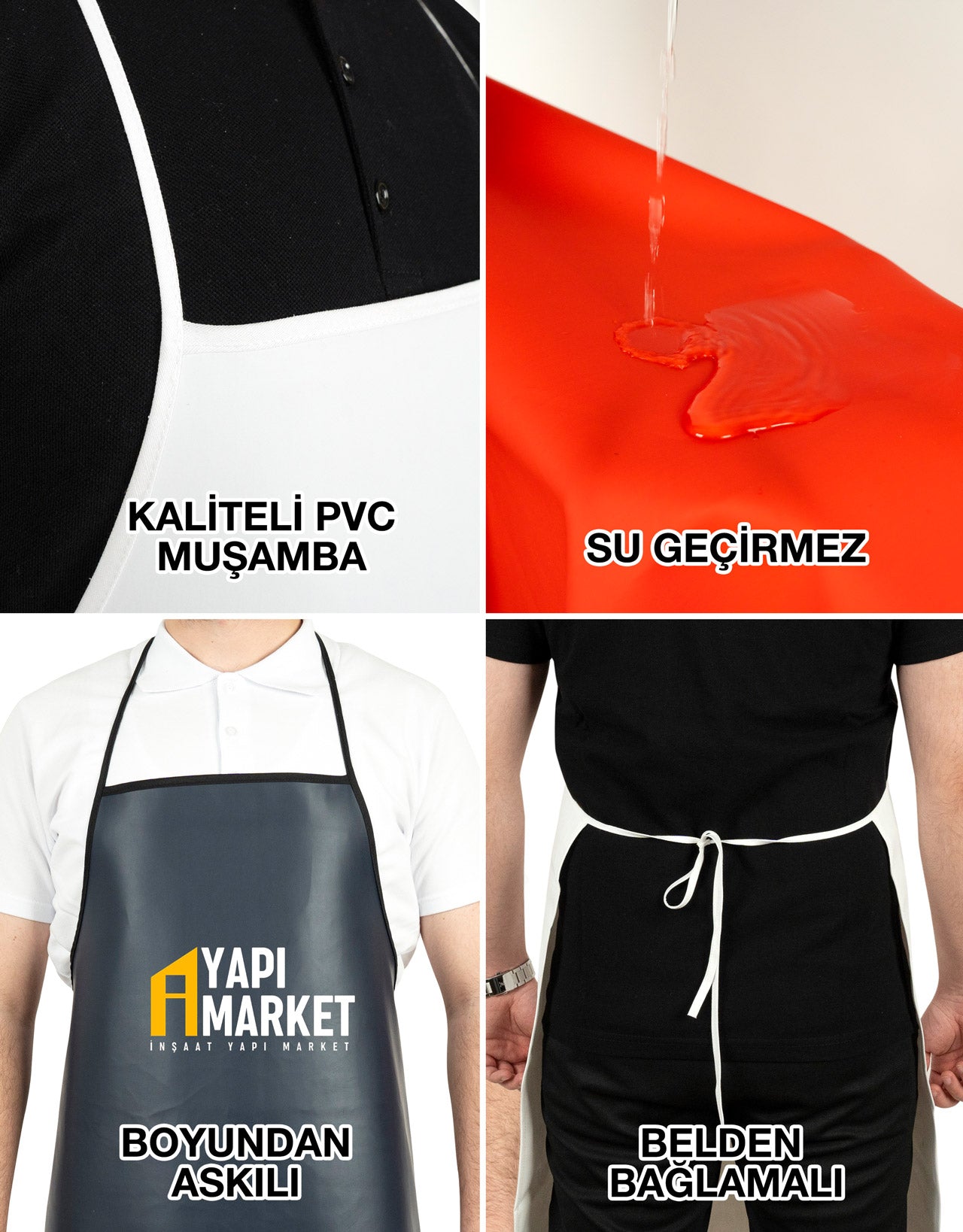 “Lacivert PVC su geçirmez mutfak önlüğü, kaliteli muşamba kumaş, boyundan askılı ve belden bağlamalı bulaşık önlüğü.”.