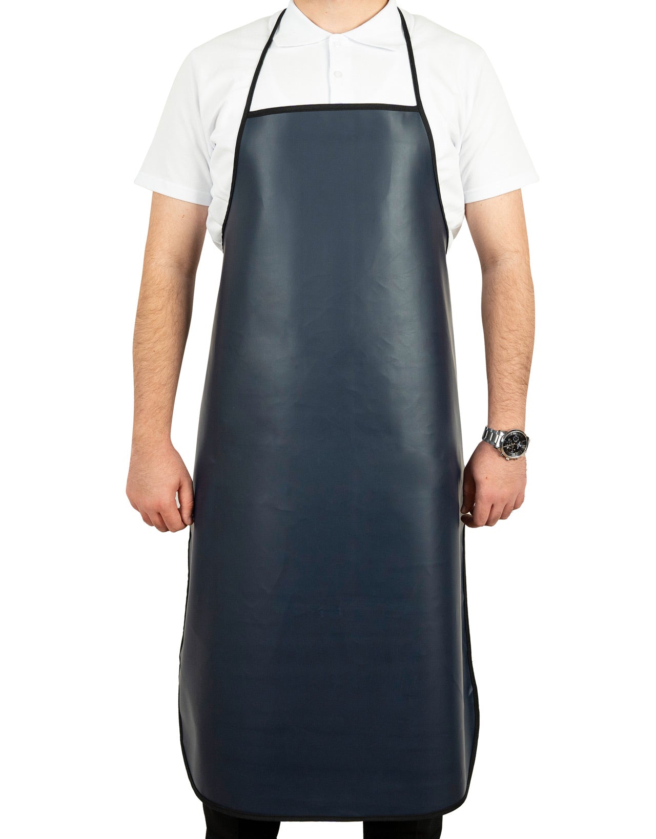 “Lacivert PVC su geçirmez mutfak önlüğü, boyundan askılı tam ön görünüm, dayanıklı muşamba bulaşık önlüğü.”