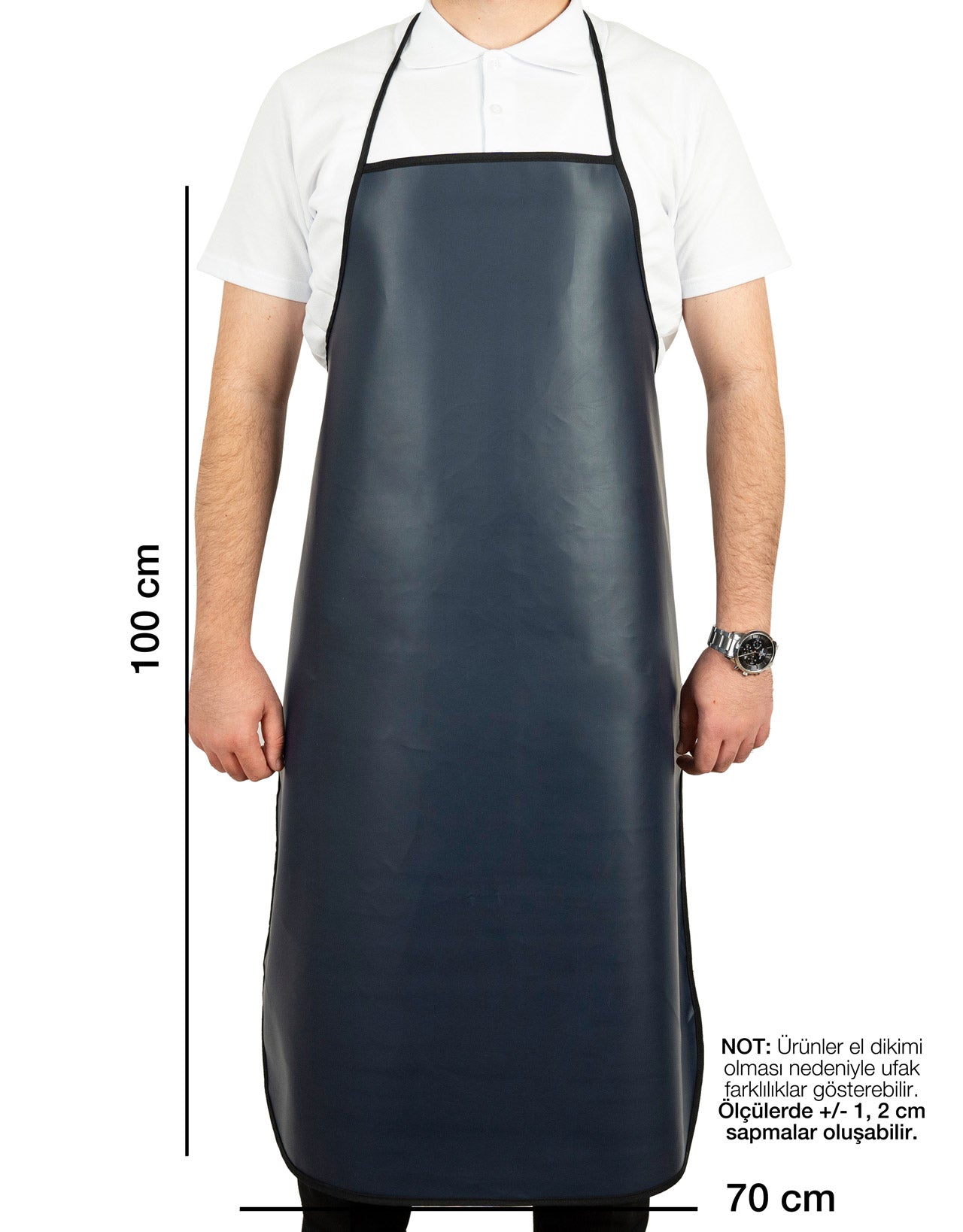 “Lacivert PVC su geçirmez mutfak önlüğü, 100x70 cm ölçü gösterimi, boyundan askılı ve dayanıklı muşamba kumaş.”