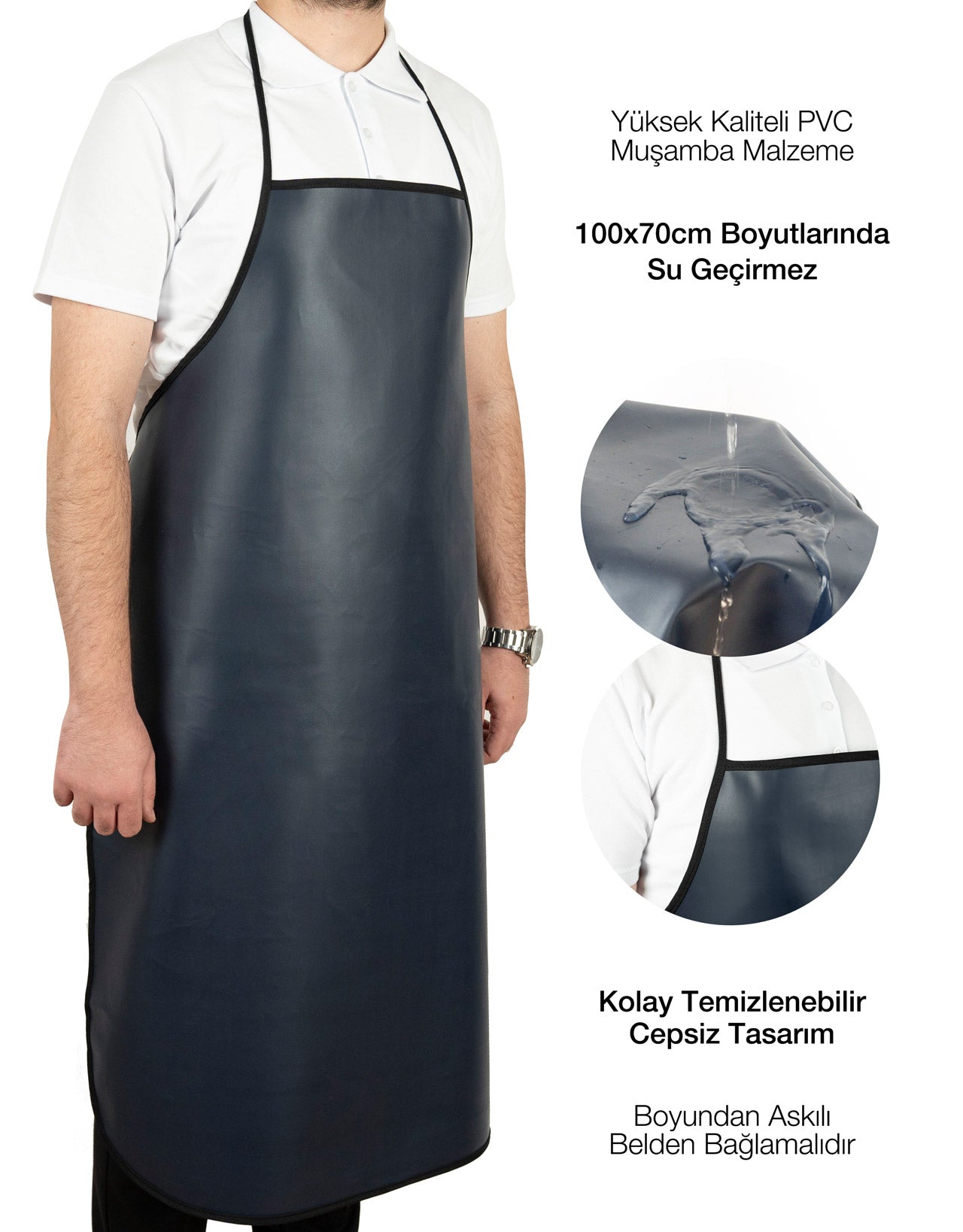 “Lacivert PVC su geçirmez mutfak önlüğü, 100x70 cm ölçü, kolay temizlenen cepsiz tasarım, boyundan askılı ve belden bağlamalı model.”