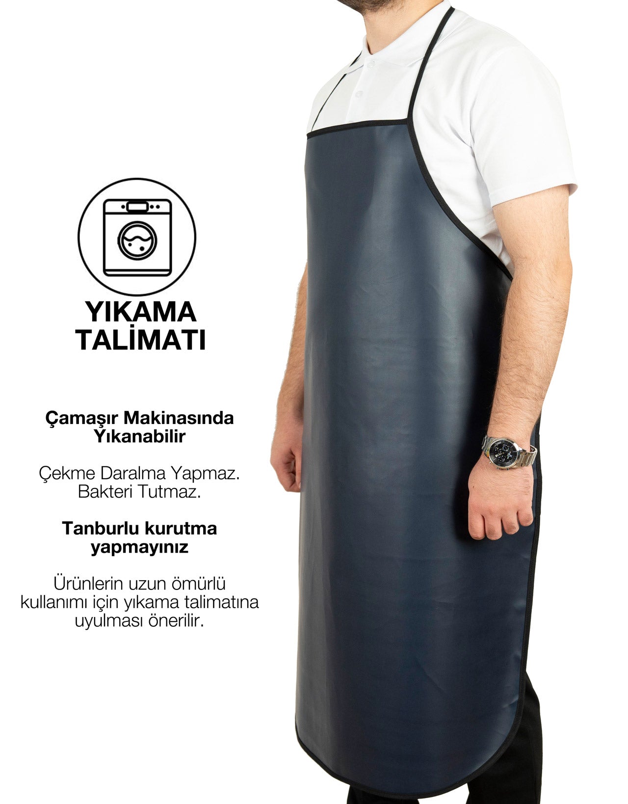 “Lacivert PVC mutfak önlüğü, boyundan askılı su geçirmez muşamba önlük, yıkama talimatı detaylı.”