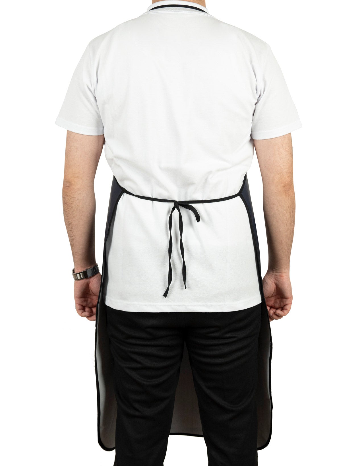 “Lacivert PVC su geçirmez mutfak önlüğü, belden bağlamalı arka görünüm, dayanıklı muşamba bulaşık önlüğü.”