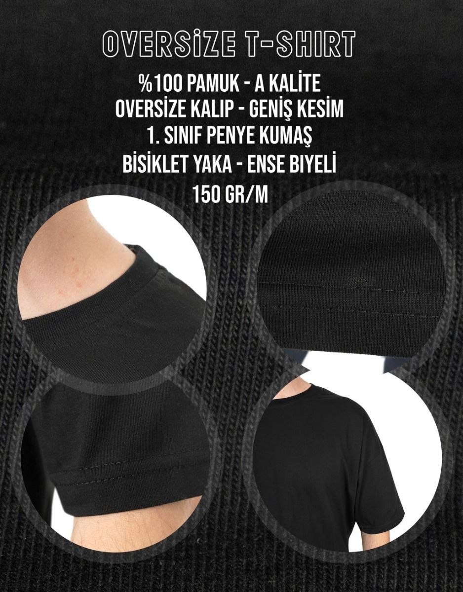 Oversize Bisiklet Yaka Baskılı Tişört Siyah